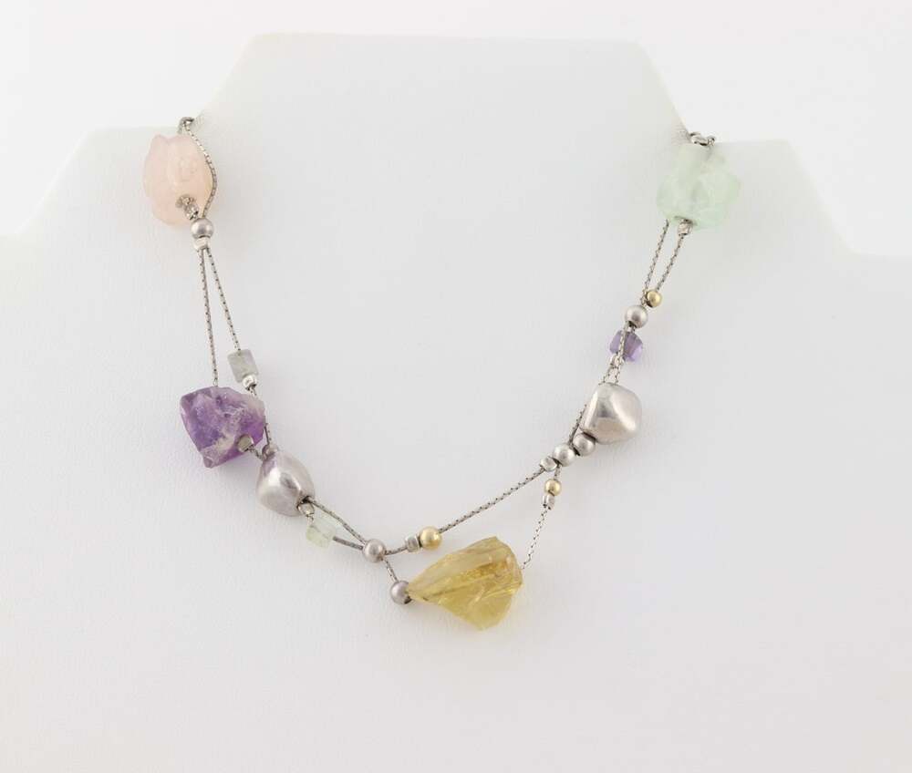 Sterling Silver Raw Amethyst, Rose Quartz, White Quartz, Citrine Necklace 17" in